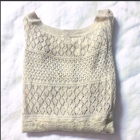 NEW ANTHROPOLOGIE Cream Tan Moth Crochet Button Lace Striped Sweater Top Small - Picture 4 of 7